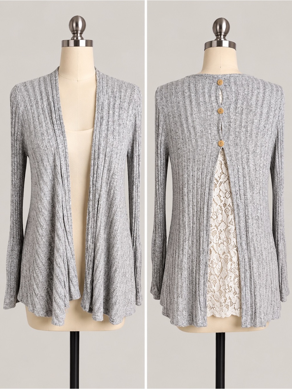 Gray Ribbed Cardigan Waterfall Open Front Lace Back Small Orange Creek